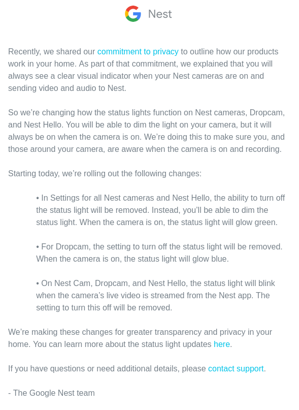 Email from Google about Next camera indicator lights being forced to ON